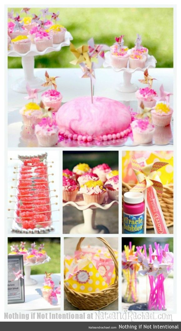 Pink lemonade and pinwheels party—whimsical and sweet first birthday party! Highlights include rock candy and rock candy sprinkles, giant spinning pinwheels, the original “favorite things” photo prop, favors that won’t cause a sugar crash, group play ideas, and DIY invitations.