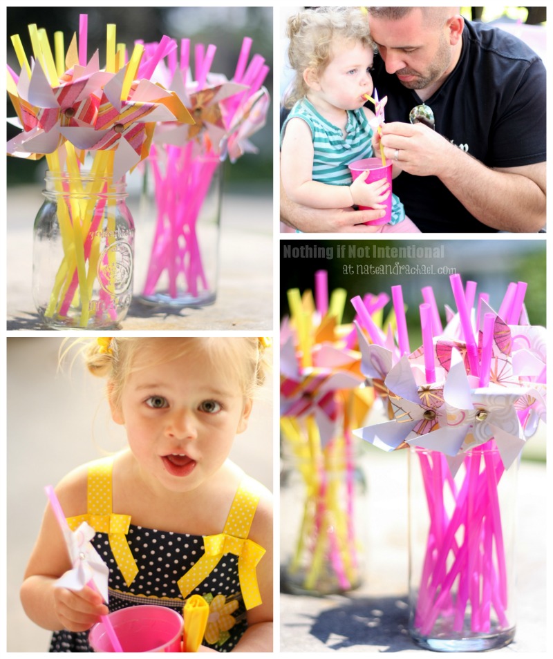 Pink Lemonade and Pinwheels Birthday Party—whimsical and sweet! Rock candy, giant spinning pinwheels, “favorite things” photo prop, favors that won’t cause a sugar crash, group play ideas, and DIY invitations. 