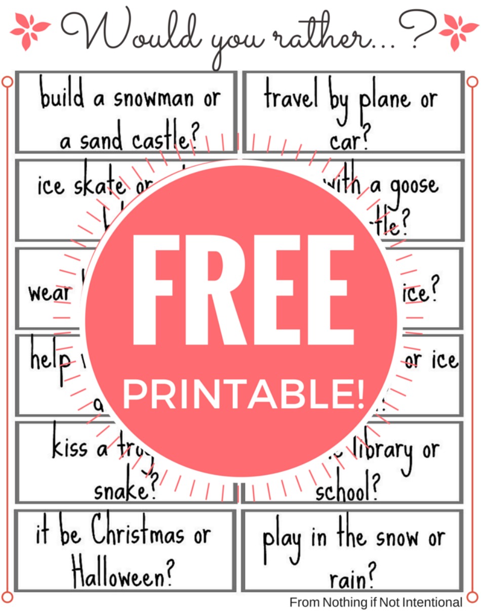 Free Printable 24 Fun Would You Rather Questions with A Subtle 