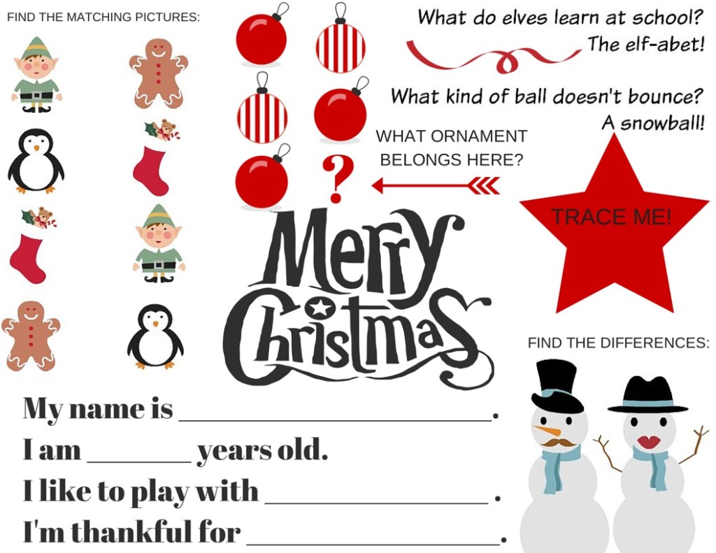 Free Christmas Printables Activity Placemat Fill In The Blank Story For Preschoolers
